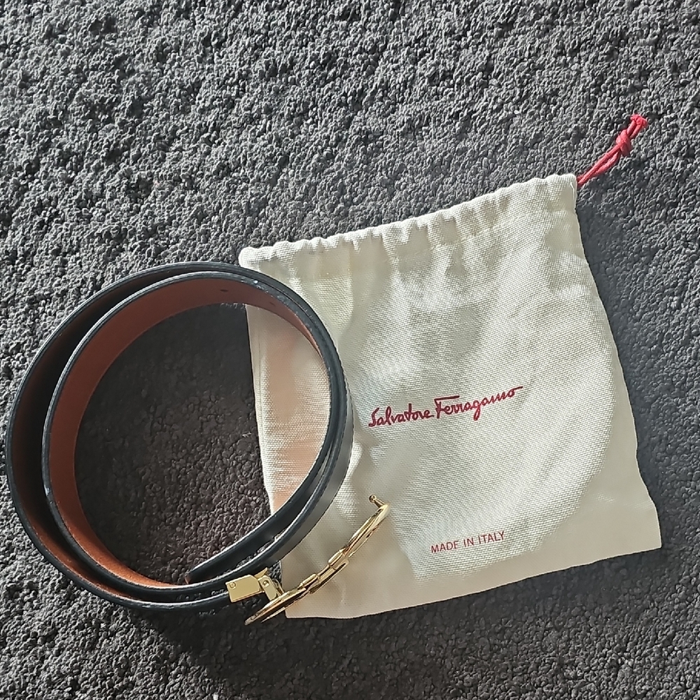 Salvatore Ferragamo Black Belt with Gold Buckle